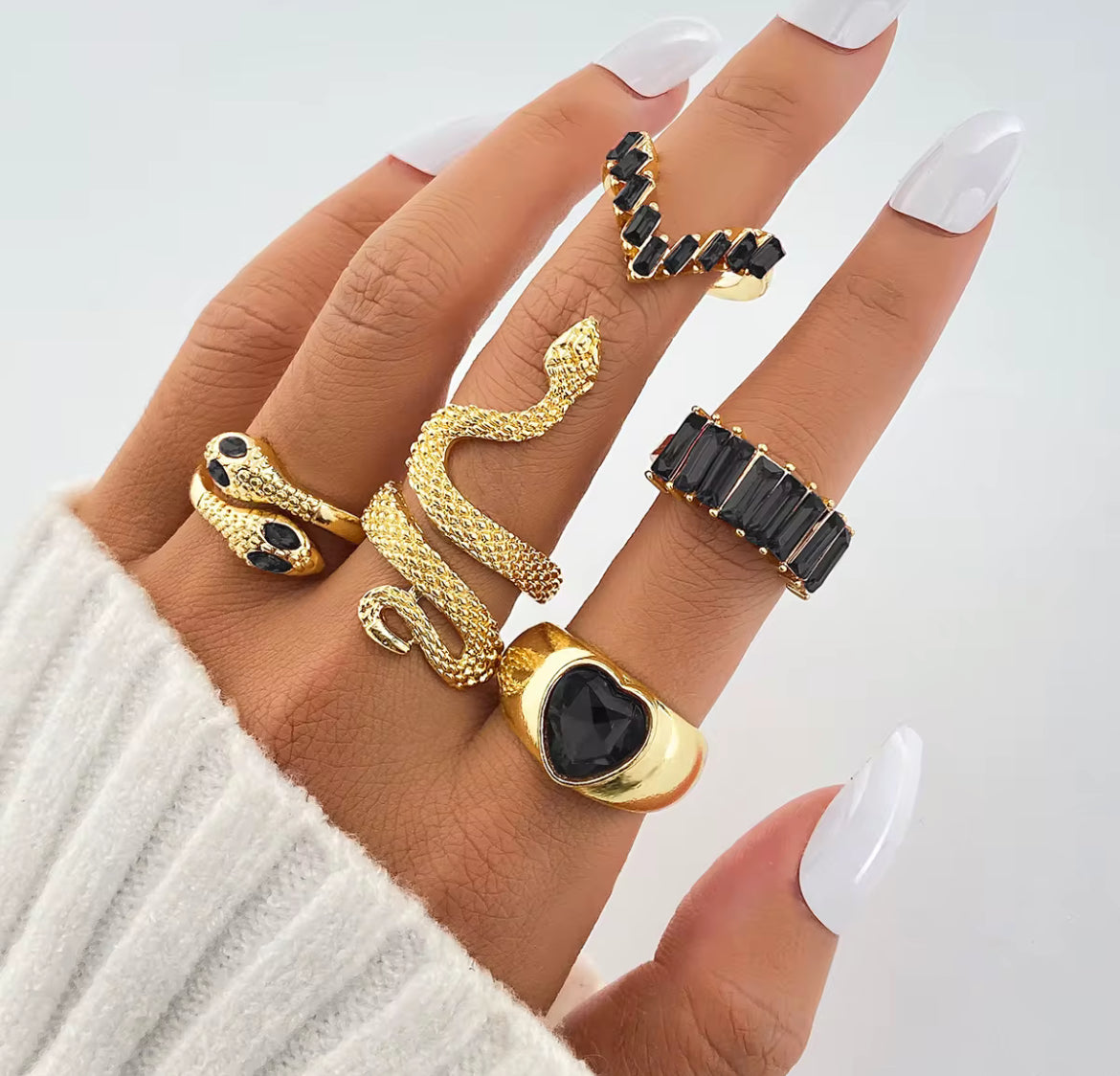 Stacked Snake Gem Ring Set