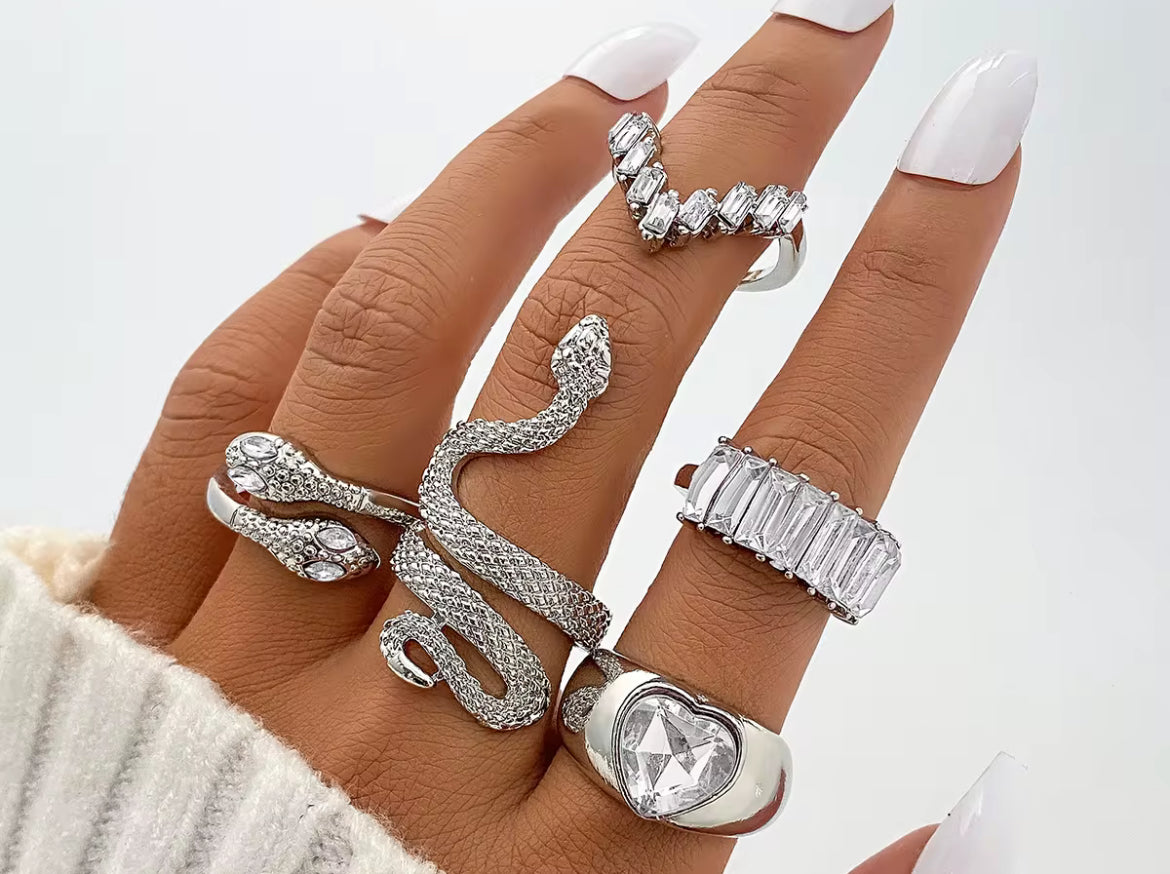Stacked Snake Gem Ring Set